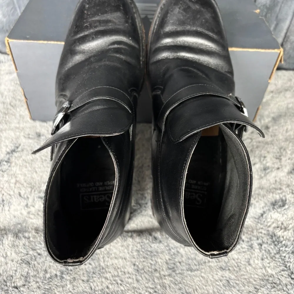 Vintage Sears Mens Black Leather Monk Strap Ankle Boots 8.5 D 74394-667 Retro